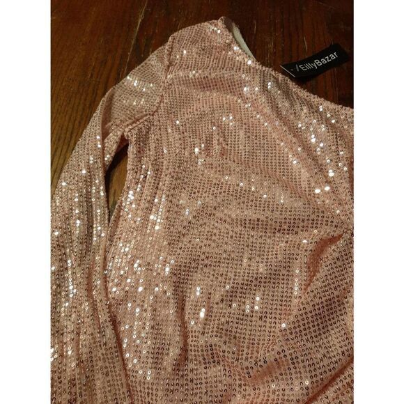 New Medium Eilly Bazar Pink Sequin One Shoulder Bodycon Ruched Party Dress NWT - Picture 4 of 7
